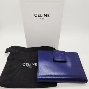 Vintage Celine Compact Triomphe Leather Wallet In Deep Navy Blue/Purple